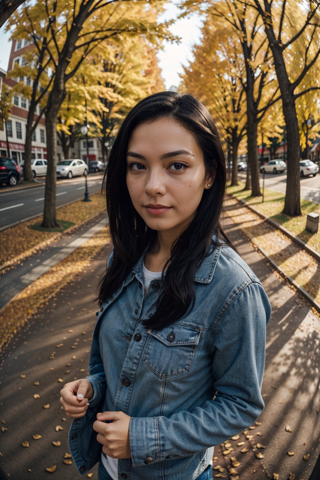 (masterpiece), best quality, high resolution, highly detailed, detailed background, perfect lighting, 8k, RAW photo, 1girl, casual, autumn, fisheye