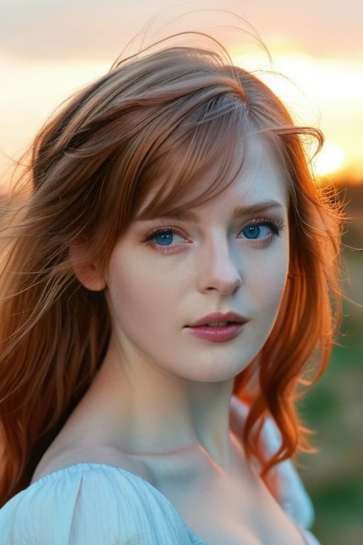 a woman, stunning woman during the twilight period, which is ethereal as the sun sets, red hair, blue eyes, stunning background,realistic, masterpiece, 8k, raw photo,ellafreya,Extremely Realistic