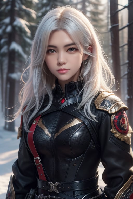 a close up of a person with white hair and a sword, white haired deity, with white long hair, with long white hair, artwork in the style of guweiz, white haired, guweiz, handsome guy in demon slayer art, beautiful character painting, by Yang J, white-haired, guweiz on pixiv artstation, anime character,black clothing,in the forest,snow, Beautiful face, (upon body from head to waist:1.35), tyndall effect, photorealistic, 8k uhd, dslr, high quality, volumetric lighting, candid, Photograph, high resolution, 4k, 8k, Bokeh, (hyper-realistic girl), (illustration), (high resolution), (extremely detailed), (best illustration), (beautiful detailed eyes), (best quality), (ultra-detailed), (masterpiece), (wallpaper), (photorealistic), (natural light), (rim lighting), (detailed face), (high detailed realistic skin face texture), (anatomically correct), (perfect hands), (correct fingers), (heterochromic eyes), (detailed eyes), (sparkling eyes), (combat pose), (loose hair:1.35), looking to viewer,More Detail,full_gear_soldier,full gear,soldier