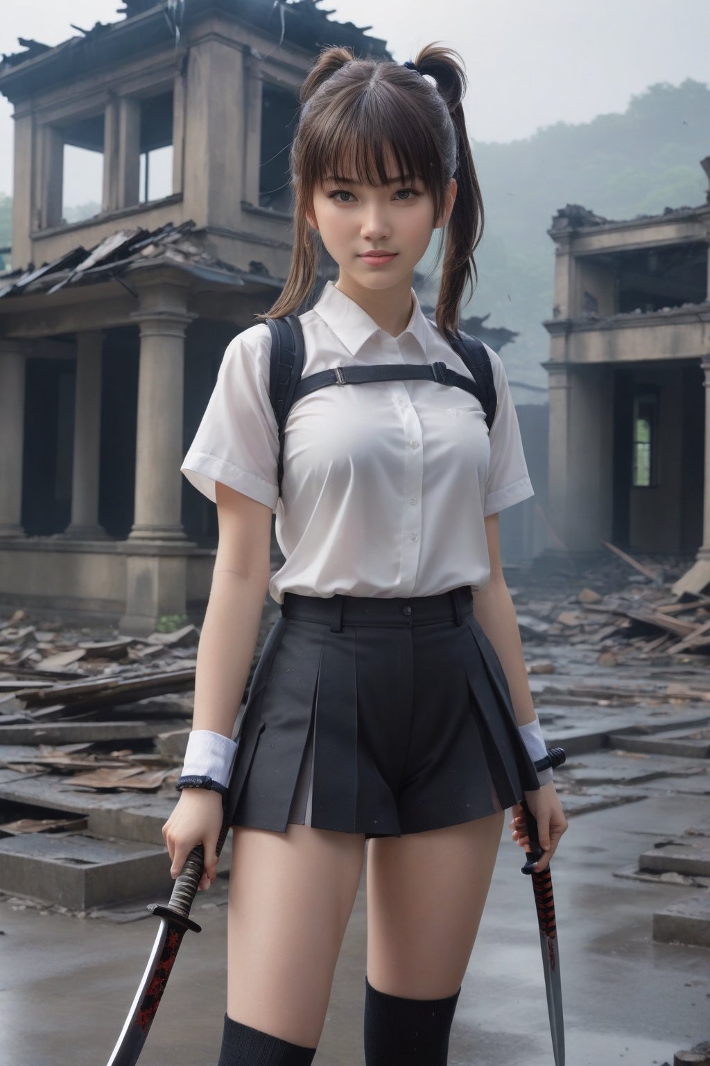 A masterpiece of photorealistic art! A young girl, dressed in a serafuku and socks, stands confidently outdoors amidst the ruins of a destroyed school. Her long ponytail flows down her back, framing her striking features. She wears a white blouse with black trousers and holds a katana at her side, its sheath partially opened. The sword glows softly in the rain-soaked atmosphere. Her bangs fall across her forehead as she looks directly at the viewer with a closed-mouth smile. The composition is enhanced by depth of field, drawing attention to her determined stance. The complex background features the destroyed school's remnants, blending seamlessly into the rainy scene.