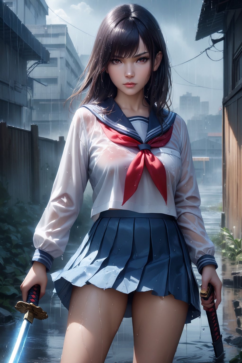 (Masterpiece: 1.1), (realistic, photorealistic: 1.2), (ultra detailed), (high_quality: 1.2), 1girl, solo, looking_at_viewer, bangs, skirt, shirt, black_hair, long_sleeves, holding, closed_mouth, school_uniform, standing, white_shirt, weapon, pleated_skirt, outdoors, serafuku, socks, sword, sailor_collar, water, holding_weapon, hair_over_one_eye, blurry, black_eyes, blue_skirt, wet, neckerchief, kneehighs, depth_of_field, holding_sword, katana, building, sheath, red neckerchief, legs_apart, fighting_stance, rain, raining, wet_clothes, cowboy_shot, destroyed school as a background,  niji style, complex_background,glowing sword