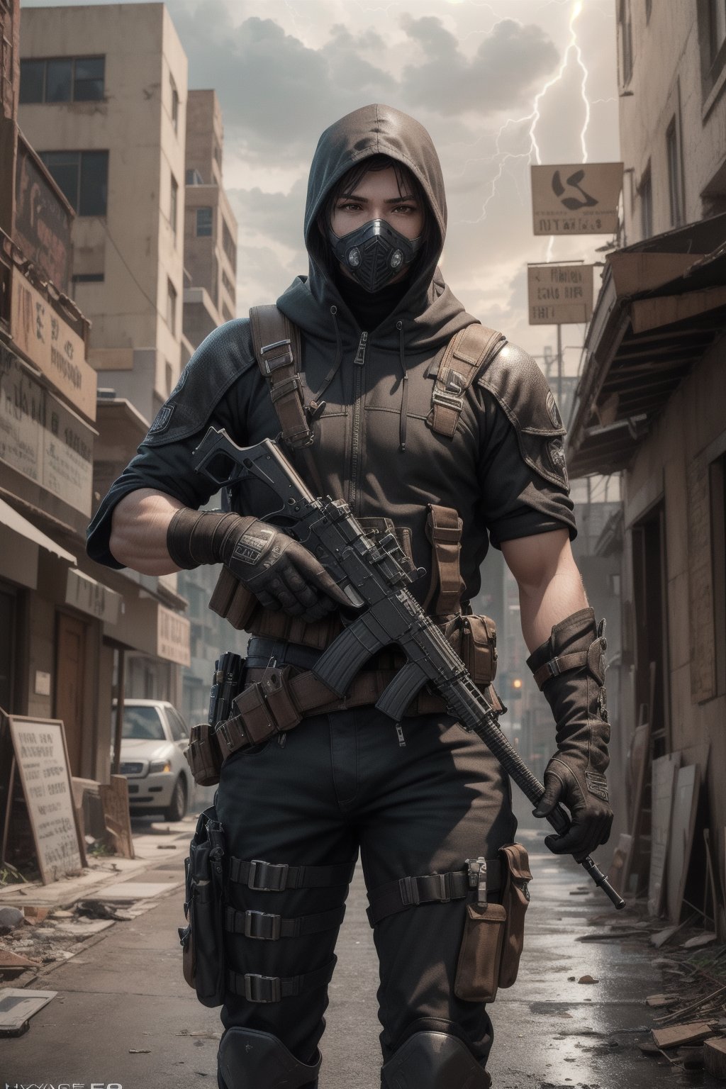 solo, gloves, 1boy, holding, weapon, male_focus, outdoors, hood, cape, holding_weapon, armor, gun, mask, building, holding_gun, rifle, handgun, science_fiction, city, assault_rifle, holster, trigger_discipline, thigh_holster, sci-fi, daylight, abandoned city, city background, (hyperrealistic), (masterpiece), (unreal engine 5), (best quality), (wallpaper), (extremly detailed), (anatomy correct), (high detailed texture), (best illustration), (ultra-detailed), (high resolution), 16k, (photorealistic), (natural light), (rim lightning),4rmorbre4k,combine assassin