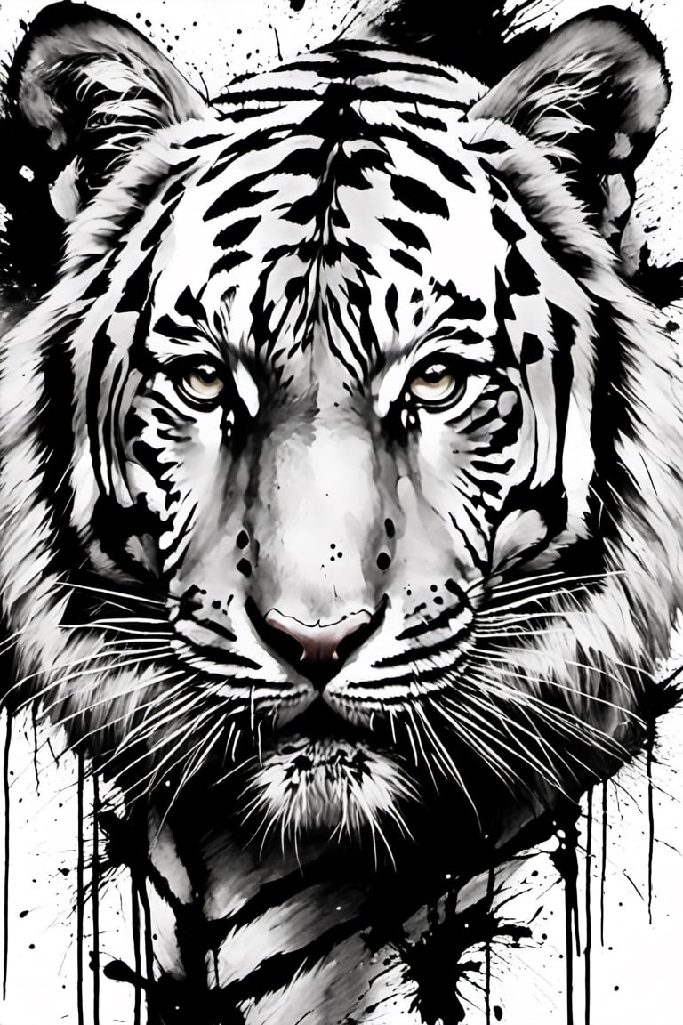 a painting of tiger, oil painting, black and white painting, ((black white color)), ink splashes all over the canvas,ink ,halsman