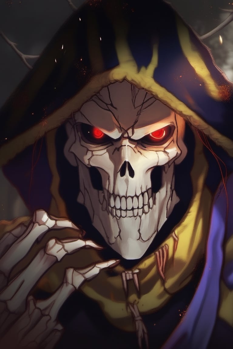 solo, looking at viewer, red eyes, 1boy, upper body, male focus, teeth, hood, glowing, glowing eyes, hood up, black sclera, glowing eye, skeleton, undead, skull_graphics