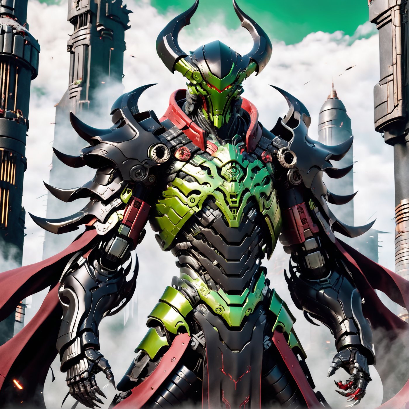 (black armor: bright green armor: 1.2), Reaper, full body, blood red scythe, future technology, cloak, metallic luster, polishing, doomsday style, abandoned city, red mechanical eyes,cyborg style