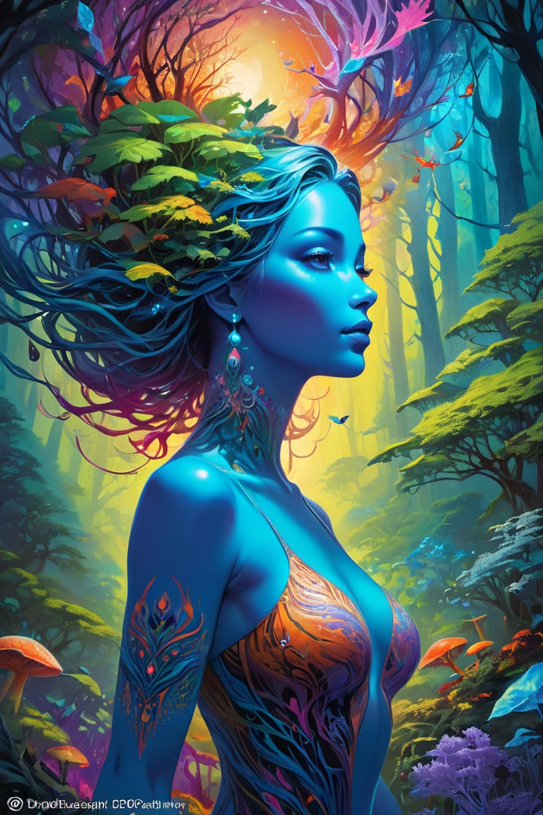 a beauty mother nature of the earth with a forest background, psychedelic style with interdimensional abilities and spiritual concepts, dreamlike imagery that can be both beautiful and unsettling, ultra realistic, 3d art, Combine organic and realistic elements, colorful visual concepts and striking shapes, color harmony with tetradic style, surreal imagery, photorealistic concept art, masterpiece, highly detailed, bright vivid colors, concept art, deep color, concept art, high contrast, highly detailed, perfect composition, trending on artstation,  
