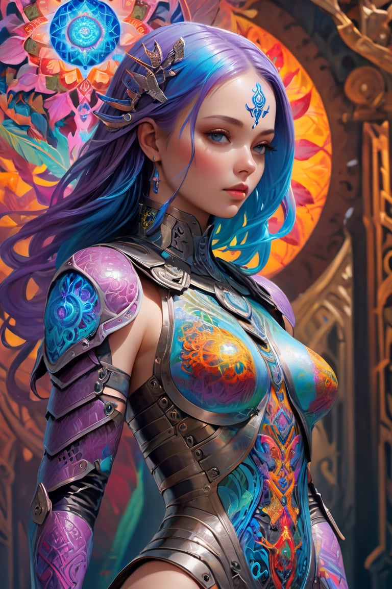 beautiful girl with armor and pschedelic tattoo, psychedelic style with interdimensional abilities and spiritual concepts, dreamlike imagery that can be both beautiful and unsettling, ultra realistic, 3d art, Combine organic and realistic elements, colorful visual concepts and striking shapes, color harmony with tetradic style, surreal imagery, photorealistic concept art, masterpiece, highly detailed, bright vivid colors, concept art, deep color, concept art, high contrast, highly detailed, perfect composition, trending on artstation,  
