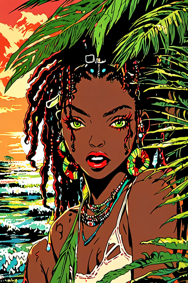  (Smoking marijuana,stoner girl),1girl,solo,(1990s jamaican style),retro artstyle),dread rocks hair,(sexual sleeveless tops),open mouth,(red eyes,psycho laughing, Bloodshot eyes from the effects of marijuana),(upper body,looking at viewer,fisheye lens),(traditional media,oilpaint),(summer girl at the beach,raggae music mood),(marijuana yard in the background)