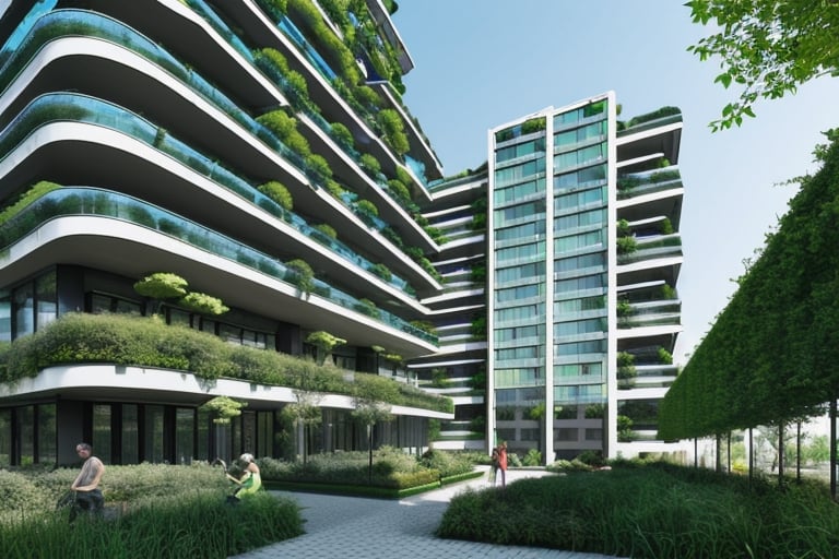 futuristic residential building using advanced technology, with a lot of greenery around it, straight lines, square