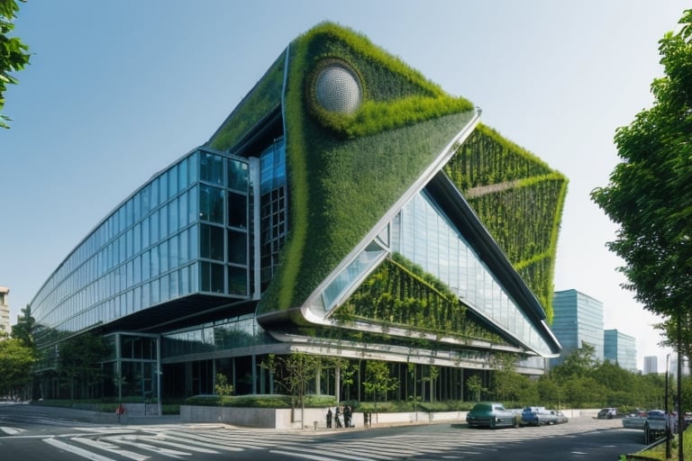 futuristic building that uses advanced technology, with a lot of greenery around it, straight lines, square