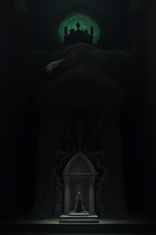 Create a detailed image of the Linden Mausoleum, where Gothic architecture merges with decay, and the grayish stone walls are covered in moss and twisted vines. The main entrance is flanked by two statues of angels with broken wings, and inside, gloomy hallways wind between ancient sarcophagi and blackened mosaics. dark with the only light provided by torches that burn with a pale flame, casting dancing shadows on the walls. At the heart of the mausoleum, a black stone sarcophagus stands on a raised pedestal, surrounded by lighted candles. The burial chamber is charged with mystery and antiquity, creating a sinister, decadent and solemn atmosphere.