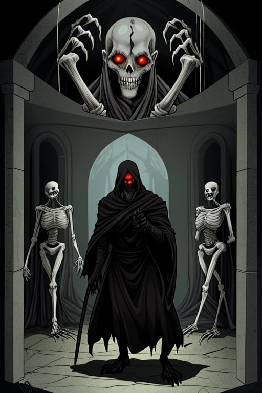 It vividly depicts the undead creatures that inhabit the mausoleum. Among them are skeletons whose bones rattle as they move, zombies with torn and rotting skin that emanate a smell of damp earth and putrefaction. Their faces have a blank expression and their movements are slow and clumsy. The shadows hide their figures while they whisper muffledly and emit pitiful moans. In contrast, the leader of the undead, the necromancer, stands in a dark robe and bone mask, with a cold, calculating gaze that reveals an ancient intellect. His presence is imposing, but his desire is to live in peace, caring for the tormented souls in his domain. He creates an image that reflects the diversity and sinister atmosphere of these creatures in the mausoleum.