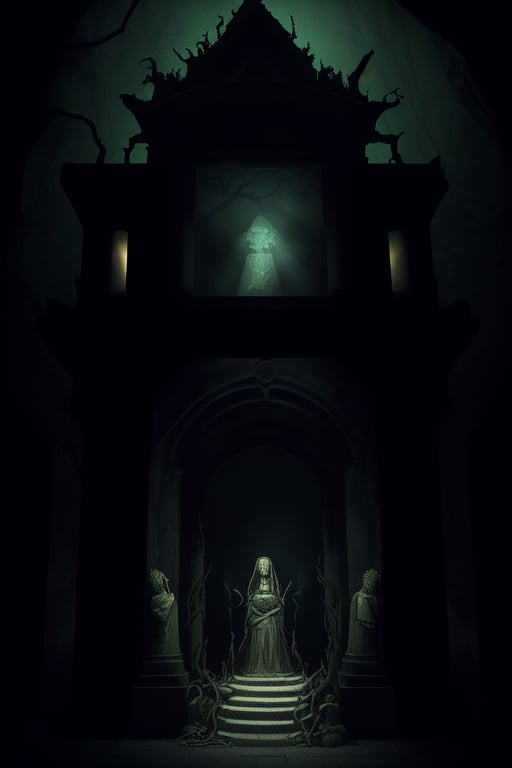 Create a detailed image of the undead mausoleum, where Gothic architecture merges with decay, and the grayish stone walls are covered in moss and twisted vines. The main entrance is flanked by two statues of angels with broken wings, and inside, gloomy hallways wind between ancient sarcophagi and blackened mosaics. The lighting is dim, provided by torches that burn with a pale flame, casting dancing shadows on the walls. At the heart of the mausoleum, a black stone sarcophagus stands on a raised pedestal, surrounded by lighted candles. The burial chamber is charged with mystery and antiquity, creating a sinister and solemn atmosphere.