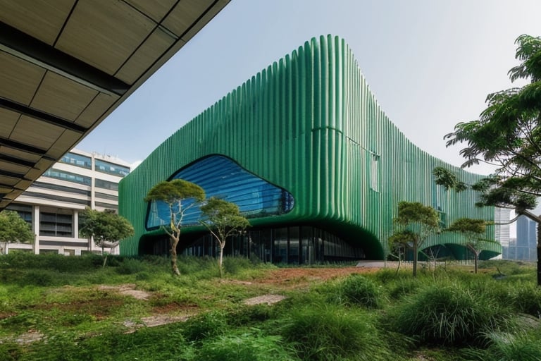 futuristic building that uses advanced technology to integrate perfectly with its environment, making it almost invisible, with a large amount of vegetation around it, straight lines