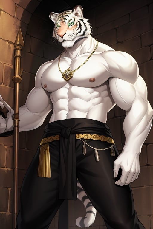 an imposing white semi-human tiger in a dungeon in a medieval fantasy world Sex: male Age: 50 years old Height: tall fur: white and fluffy. Green eyes. Skin covered with white fur. Constitution: athletic, with very toned muscles. Clothing: black pants chewing on the crotch necklace made of a fang, in the dungeon