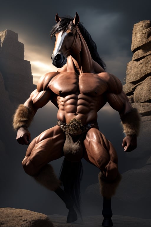 The centaur is an imposing and majestic creature, with the upper half of its body revealing an exceptionally muscular torso, whose defined pectorals and broad shoulders denote its formidable strength. His tanned skin bears the marks of countless battles, decorated with scars that tell his story of bravery. His strong, toned arms feature prominent veins and large, dexterous hands that can handle weapons with deadly precision. Its long slender neck supports a noble and expressive human head, with arched eyebrows, deep wise eyes shining with a penetrating gaze, a straight nose and thin lips. His hair, dark as night, flows in perfect curls that cascade over his shoulders and back, often braided with thin ribbons. The lower half of the centaur exhibits the powerful and elegant musculature of a thoroughbred horse. Four muscular, agile legs support his body with unparalleled grace and strength, each muscle and tendon meticulously sculpted, with sturdy hooves of a dark, robust color that reflect his robustness. The horse's skin is soft and lustrous, covered by a thick, silky coat that appears to shimmer in the sunlight. His long, lush tail adds a touch of grace to his movement, waving elegantly as he moves. The centaur, with his exceptionally detailed physical appearance, exposing his large, lifelike erect horse penis and two large testicles laden with realistic semen. His skin is adorned with intricate tattoos depicting his feats and achievements throughout his life, adding a touch of uniqueness to his already impressive physical appearance.