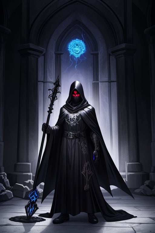 Draw the necromancer, the ruler of the undead mausoleum, in all his dark and mysterious splendor. He is wrapped in a long black robe of heavy fabric, which falls in majestic folds to the ground. His robe is adorned with golden thread embroidery depicting ancient runes and symbols of death. The hood of his robe rises above his head, hiding his face in shadows, except for his cold, calculating eyes, which glow like embers in the darkness.

Atop his head, the necromancer wears an elaborate mask carved from pale bone. The mask features intricate details, with skulls and twisted patterns giving it a terrifying and ancient look. Through the eye sockets of the mask, his real eyes stare intensely, while his lips remain hidden behind the mask, adding an air of mystery.

The necromancer stands with an upright posture, his tall, slender figure emanating an imposing presence that fills the room. His hands, wrapped in black leather gloves, hold an ebony scepter inlaid with moonstones that emit a pale, ghostly glow. He creates an image that captures the duality of his appearance: authority and compassion, wisdom and power, amidst the death and decay of the mausoleum.