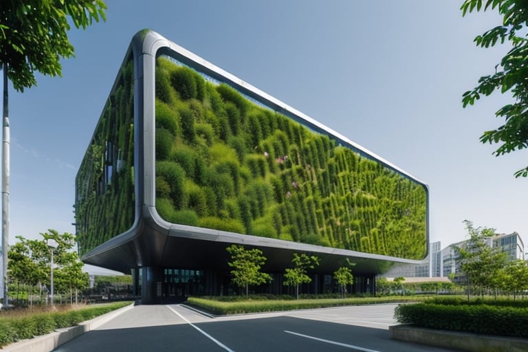 futuristic building that uses advanced technology, with a lot of greenery around it, straight lines, square