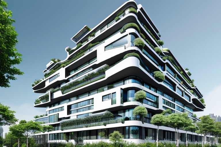 futuristic residential building using advanced technology, with a lot of greenery around it, straight lines, square