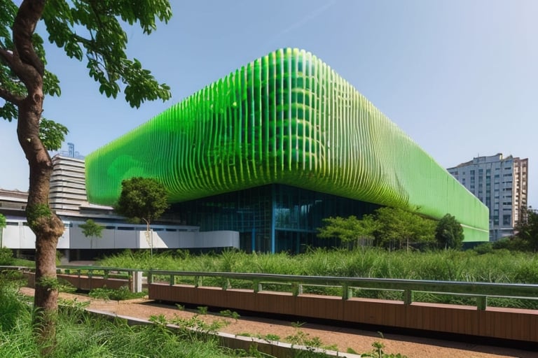 futuristic building that uses advanced technology to integrate perfectly with its environment, making it almost invisible, with a large amount of vegetation around it, straight lines