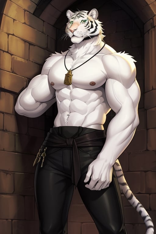 an imposing white semi-human tiger in a dungeon in a medieval fantasy world Sex: male Age: 50 years old Height: tall fur: white and fluffy. Green eyes. Skin covered with white fur. Constitution: athletic, with very toned muscles. Clothing: black pants chewing on the crotch necklace made of a fang, in the dungeon