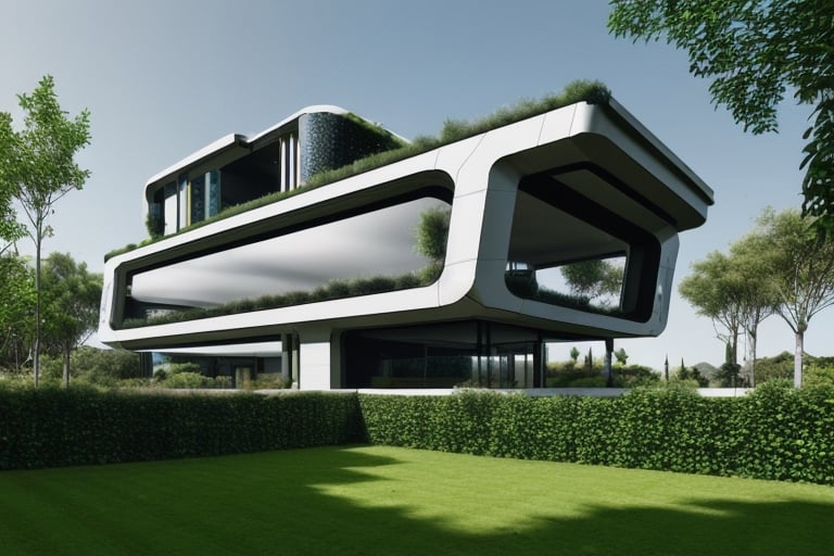 futuristic house using advanced technology, with a lot of greenery around it, straight lines, square