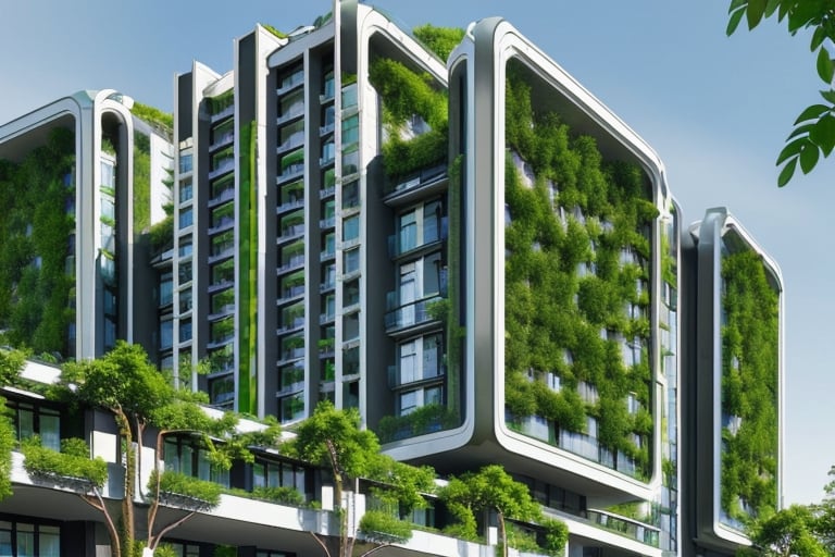 futuristic residential building using advanced technology, with a lot of greenery around it, straight lines, square