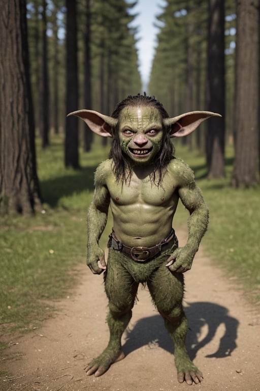 Small and agile goblin, measuring approximately 1 meter in height. Its greenish skin, dotted with some darker spots that give it a camouflaged appearance in the forests where it lives. It has pointed ears that move constantly, picking up sounds and movements around it. His eyes are large and yellow, with a shrewd and alert look that denotes his keen intelligence. The goblin's head is crowned with a mane of greasy, dark hair that falls in messy strands over his forehead. His teeth are sharp and pointed, giving him a somewhat sinister smile. He has small but agile hands and feet, He dresses in rags of threadbare cloth and the skins of animals he has hunted, His posture is hunched over and he always seems ready to hide or escape at any moment.