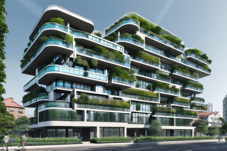 futuristic residential building using advanced technology, with a lot of greenery around it, straight lines, square