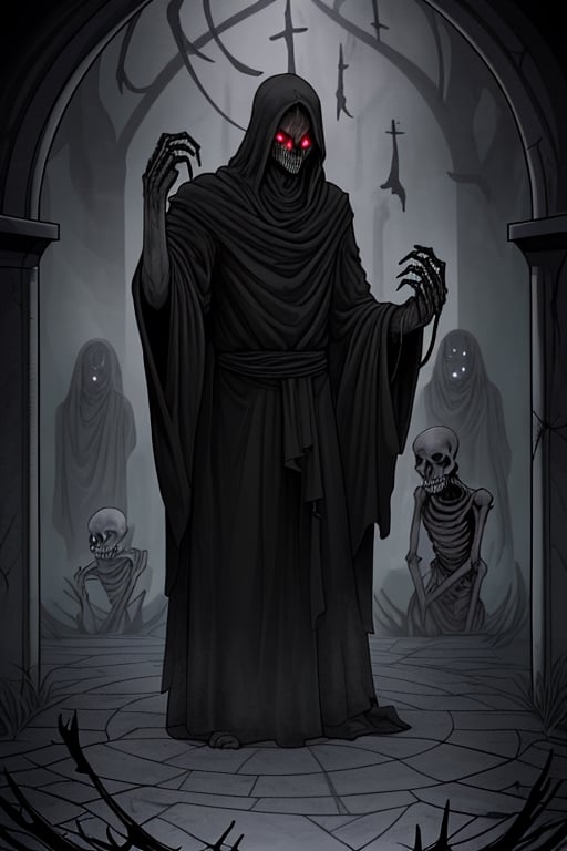 It vividly depicts the undead creatures that inhabit the mausoleum. Among them are skeletons whose bones rattle as they move, zombies with torn and rotting skin that emanate a smell of damp earth and putrefaction. Their faces have a blank expression and their movements are slow and clumsy. The shadows hide their figures while they whisper muffledly and emit pitiful moans. In contrast, the leader of the undead, the necromancer, stands in a dark robe and bone mask, with a cold, calculating gaze that reveals an ancient intellect. His presence is imposing, but his desire is to live in peace, caring for the tormented souls in his domain. He creates an image that reflects the diversity and sinister atmosphere of these creatures in the mausoleum.