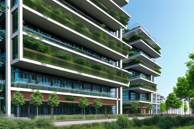 futuristic residential building using advanced technology, with a lot of greenery around it, straight lines, square