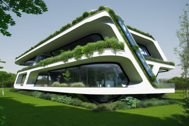 futuristic house using advanced technology, with a lot of greenery around it, straight lines, square