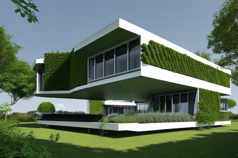 futuristic house using advanced technology, with a lot of greenery around it, straight lines, square