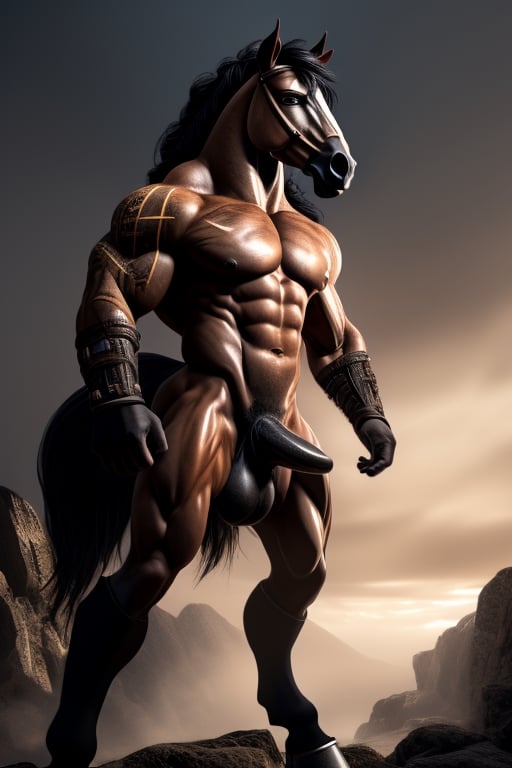 The centaur is an imposing and majestic creature, with the upper half of its body revealing an exceptionally muscular torso, whose defined pectorals and broad shoulders denote its formidable strength. His tanned skin bears the marks of countless battles, decorated with scars that tell his story of bravery. His strong, toned arms feature prominent veins and large, dexterous hands that can handle weapons with deadly precision. Its long slender neck supports a noble and expressive human head, with arched eyebrows, deep wise eyes shining with a penetrating gaze, a straight nose and thin lips. His hair, dark as night, flows in perfect curls that cascade over his shoulders and back, often braided with thin ribbons. The lower half of the centaur exhibits the powerful and elegant musculature of a thoroughbred horse. Four muscular, agile legs support his body with unparalleled grace and strength, each muscle and tendon meticulously sculpted, with sturdy hooves of a dark, robust color that reflect his robustness. The horse's skin is soft and lustrous, covered by a thick, silky coat that appears to shimmer in the sunlight. His long, lush tail adds a touch of grace to his movement, waving elegantly as he moves. The centaur, with his exceptionally detailed physical appearance, exposing his large, lifelike erect horse penis and two large testicles laden with realistic semen. His skin is adorned with intricate tattoos depicting his feats and achievements throughout his life, adding a touch of uniqueness to his already impressive physical appearance.