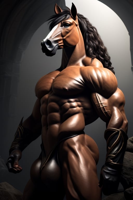 The centaur is an imposing and majestic creature, with the upper half of its body revealing an exceptionally muscular torso, whose defined pectorals and broad shoulders denote its formidable strength. His tanned skin bears the marks of countless battles, decorated with scars that tell his story of bravery. His strong, toned arms feature prominent veins and large, dexterous hands that can handle weapons with deadly precision. Its long slender neck supports a noble and expressive human head, with arched eyebrows, deep wise eyes shining with a penetrating gaze, a straight nose and thin lips. His hair, dark as night, flows in perfect curls that cascade over his shoulders and back, often braided with thin ribbons. The lower half of the centaur exhibits the powerful and elegant musculature of a thoroughbred horse. Four muscular, agile legs support his body with unparalleled grace and strength, each muscle and tendon meticulously sculpted, with sturdy hooves of a dark, robust color that reflect his robustness. The horse's skin is soft and lustrous, covered by a thick, silky coat that appears to shimmer in the sunlight. His long, lush tail adds a touch of grace to his movement, waving elegantly as he moves. The centaur, with his exceptionally detailed physical appearance, exposing his large, lifelike erect horse penis and two large testicles laden with realistic semen. His skin is adorned with intricate tattoos depicting his feats and achievements throughout his life, adding a touch of uniqueness to his already impressive physical appearance.