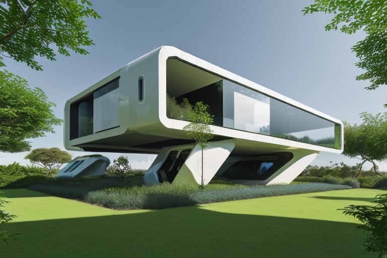 futuristic house using advanced technology, with a lot of greenery around it, straight lines, square