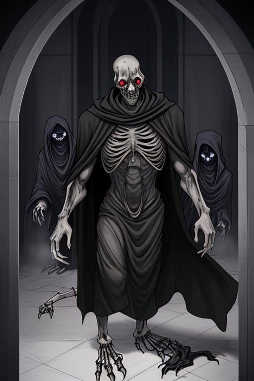 It vividly depicts the undead creatures that inhabit the mausoleum. Among them are skeletons whose bones rattle as they move, zombies with torn and rotting skin that emanate a smell of damp earth and putrefaction. Their faces have a blank expression and their movements are slow and clumsy. The shadows hide their figures while they whisper muffledly and emit pitiful moans. In contrast, the leader of the undead, the necromancer, stands in a dark robe and bone mask, with a cold, calculating gaze that reveals an ancient intellect. His presence is imposing, but his desire is to live in peace, caring for the tormented souls in his domain. He creates an image that reflects the diversity and sinister atmosphere of these creatures in the mausoleum.