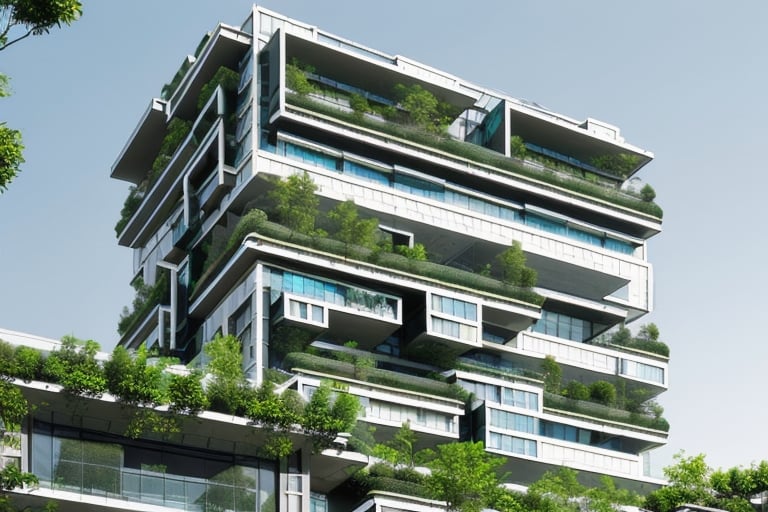 futuristic residential building using advanced technology, with a lot of greenery around it, straight lines, square