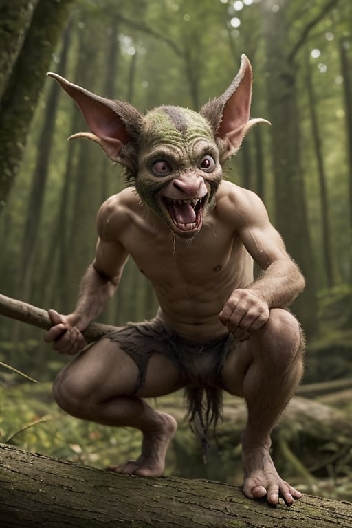 Small and agile goblin, measuring approximately 1 meter in height. Its greenish skin, dotted with some darker spots that give it a camouflaged appearance in the forests where it lives. It has pointed ears that move constantly, picking up sounds and movements around it. His eyes are large and yellow, with a shrewd and alert look that denotes his keen intelligence. The goblin's head is crowned with a mane of greasy, dark hair that falls in messy strands over his forehead. His teeth are sharp and pointed, giving him a somewhat sinister smile. He has small but agile hands and feet, He dresses in rags of threadbare cloth and the skins of animals he has hunted, His posture is hunched over and he always seems ready to hide or escape at any moment.