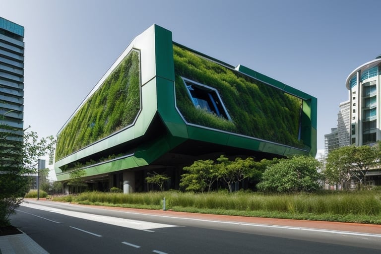 futuristic building that uses advanced technology, with a large amount of vegetation around it, straight lines