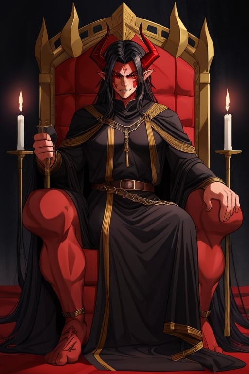 imposing and handsome demon king in a medieval fantasy world Sex: androgynous Age: 50 years Height: tall Hair: black, neat and slightly wavy. horns Eyes: red Skin: dark and with marked scars, Constitution: athletic, with very marked muscles, demon tail clothing: black tunic, background: imposing brutalist throne room