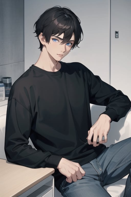 handsome, cool boy 18-year-old  with blue eyes, short black hair, and dressed in comfortable black clothing.