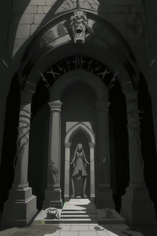 Create a detailed image of the undead mausoleum, where Gothic architecture merges with decay, and the grayish stone walls are covered in moss and twisted vines. The main entrance is flanked by two statues of angels with broken wings, and inside, gloomy hallways wind between ancient sarcophagi and blackened mosaics. The lighting is dim, provided by torches that burn with a pale flame, casting dancing shadows on the walls. At the heart of the mausoleum, a black stone sarcophagus stands on a raised pedestal, surrounded by lighted candles. The burial chamber is charged with mystery and antiquity, creating a sinister and solemn atmosphere.