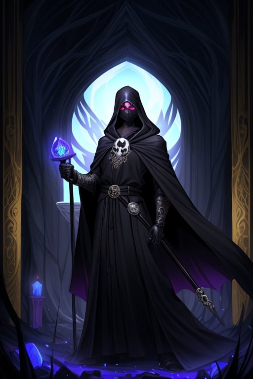 Draw the necromancer, the ruler of the undead mausoleum, in all his dark and mysterious splendor. He is wrapped in a long black robe of heavy fabric, which falls in majestic folds to the ground. His robe is adorned with golden thread embroidery depicting ancient runes and symbols of death. The hood of his robe rises above his head, hiding his face in shadows, except for his cold, calculating eyes, which glow like embers in the darkness.

Atop his head, the necromancer wears an elaborate mask carved from pale bone. The mask features intricate details, with skulls and twisted patterns giving it a terrifying and ancient look. Through the eye sockets of the mask, his real eyes stare intensely, while his lips remain hidden behind the mask, adding an air of mystery.

The necromancer stands with an upright posture, his tall, slender figure emanating an imposing presence that fills the room. His hands, wrapped in black leather gloves, hold an ebony scepter inlaid with moonstones that emit a pale, ghostly glow. He creates an image that captures the duality of his appearance: authority and compassion, wisdom and power, amidst the death and decay of the mausoleum.