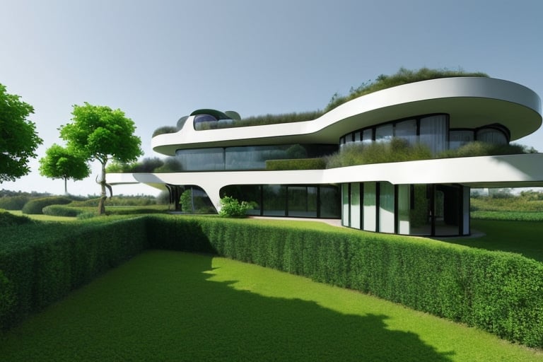 futuristic house using advanced technology, with a lot of greenery around it, straight lines, square