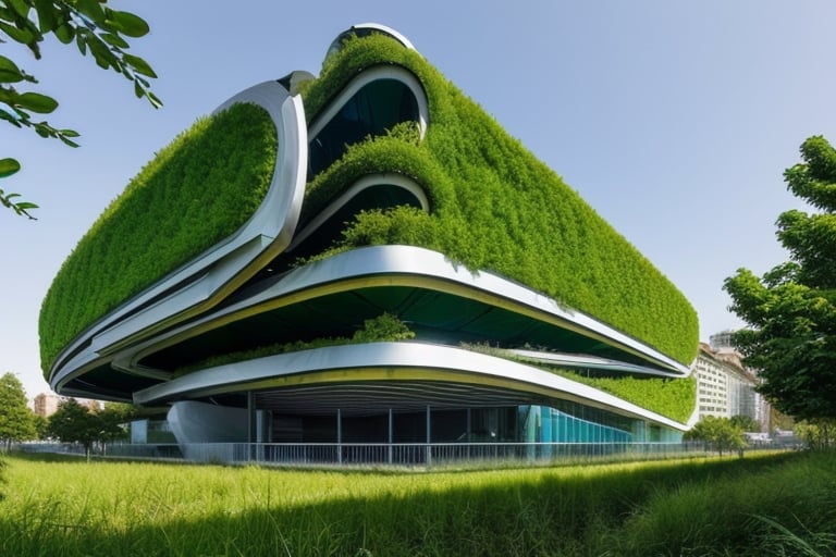 futuristic building that uses advanced technology to integrate perfectly with its environment, making it almost invisible, with a large amount of vegetation around it, straight lines