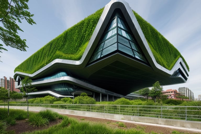 futuristic building that uses advanced technology, with a large amount of vegetation around it, straight lines