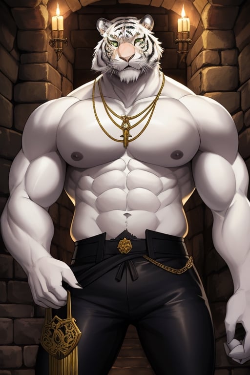 an imposing white semi-human tiger in a dungeon in a medieval fantasy world Sex: male Age: 50 years old Height: tall fur: white and fluffy. Green eyes. Skin covered with white fur. Constitution: athletic, with very toned muscles. Clothing: black pants chewing on the crotch necklace made of a fang, in the dungeon