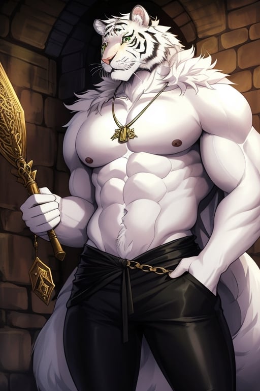 an imposing white semi-human tiger in a dungeon in a medieval fantasy world Sex: male Age: 50 years old Height: tall fur: white and fluffy. Green eyes. Skin covered with white fur. Constitution: athletic, with very toned muscles. Clothing: black pants chewing on the crotch necklace made of a fang, in the dungeon