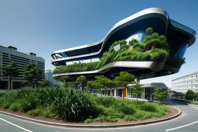 futuristic building that uses advanced technology, with a large amount of vegetation around it, straight lines